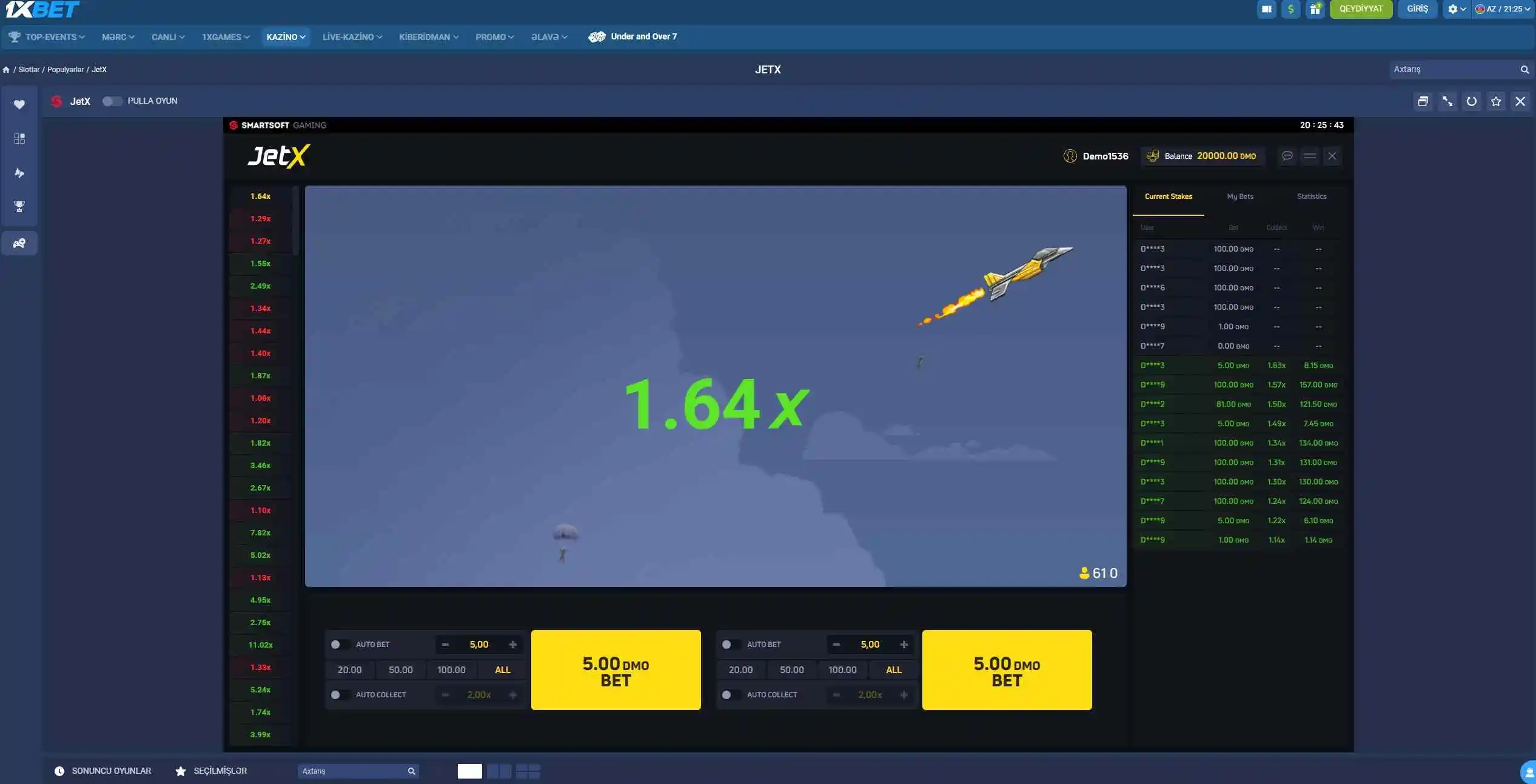 JetX pulsuz demo – 1xBet JetX oyun ekranı