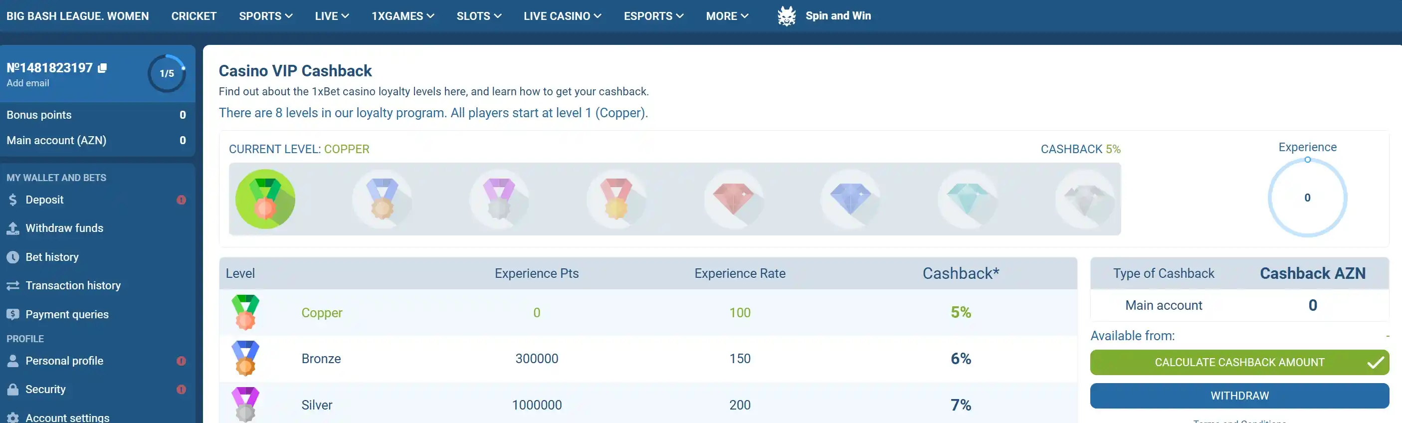 VIP cashback 1xBet proqramı