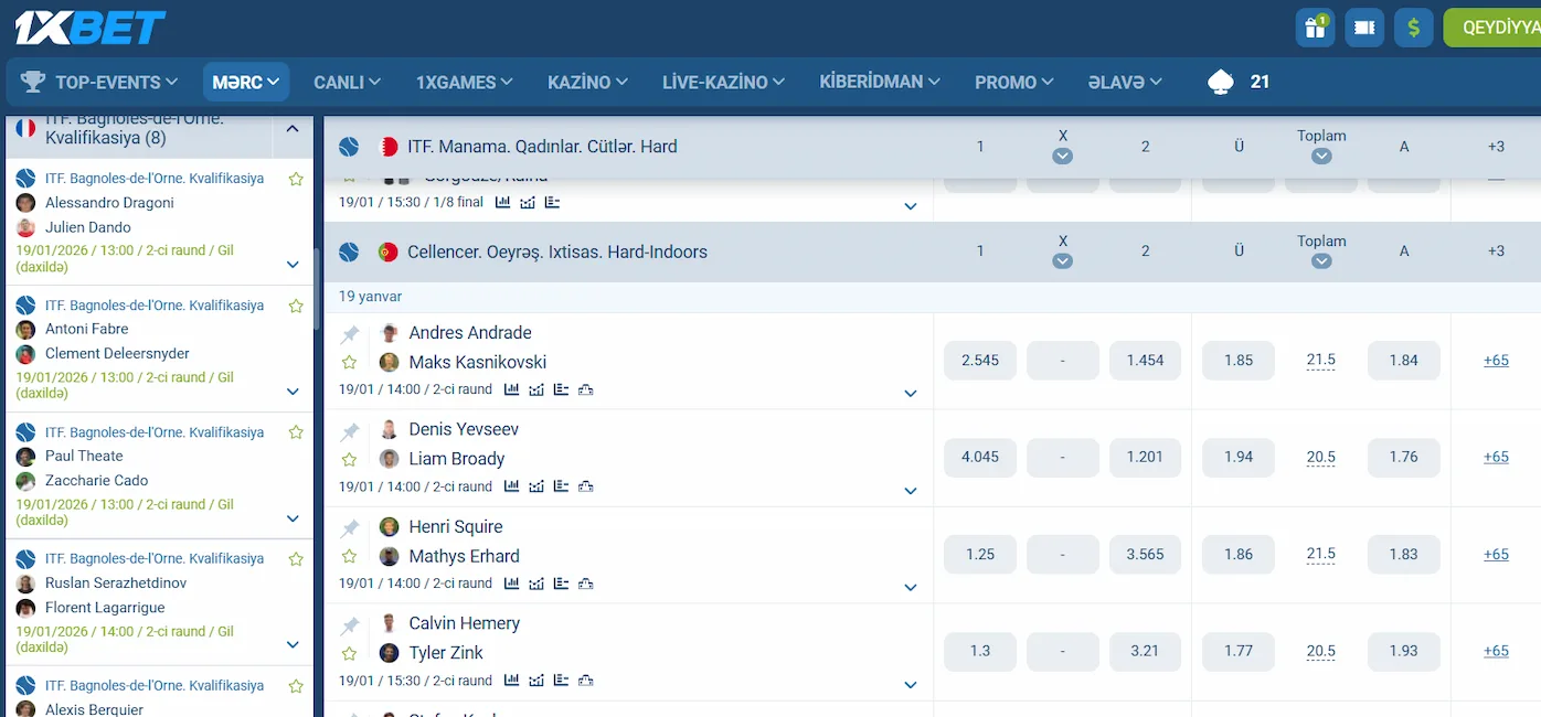 1xBet tennis xəttində